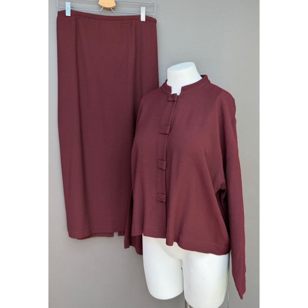Eileen Fisher 2-Piece Skirt Shirt Set Viscose Wool Womens Medium Plum‎ Capsule